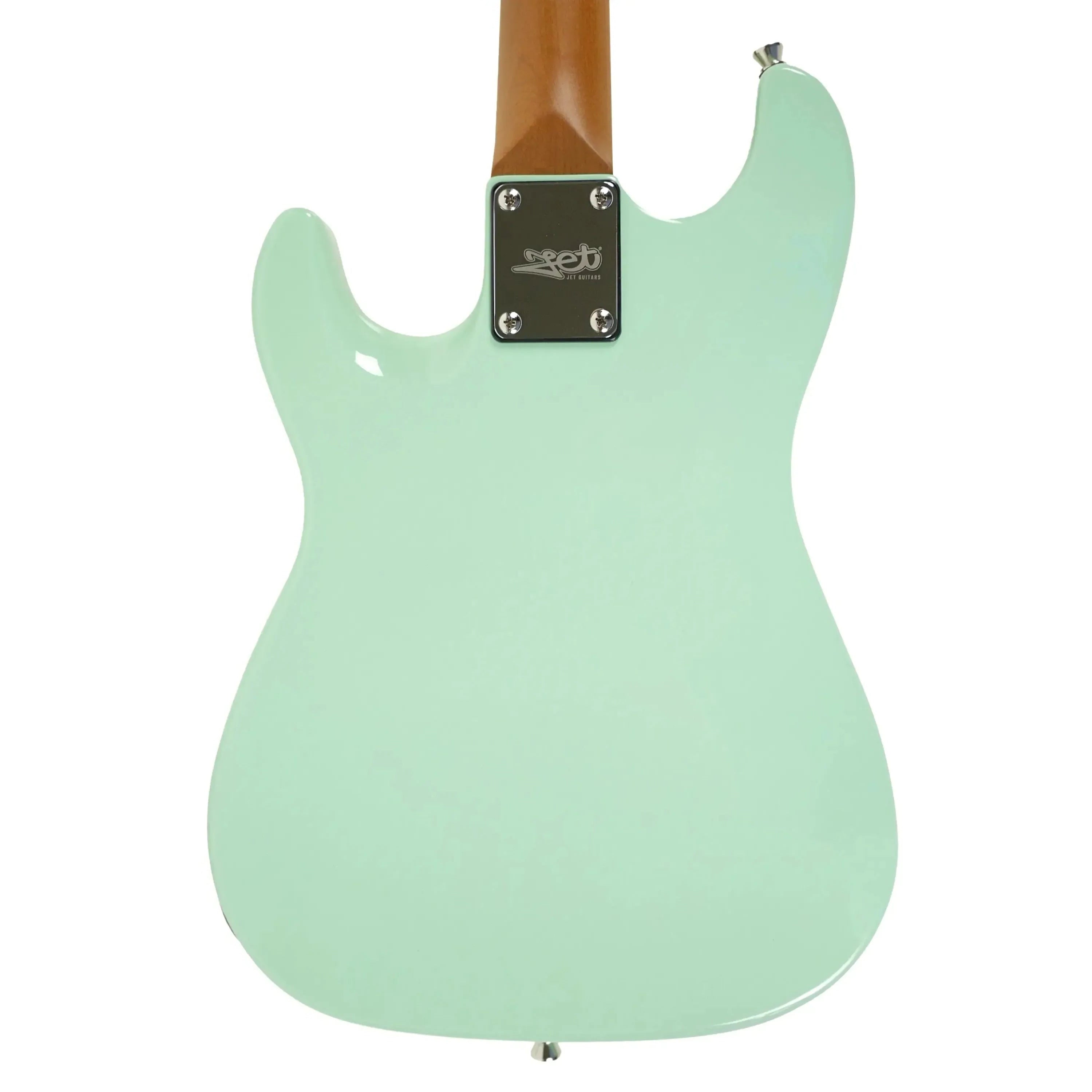 Back of a Jet JS-300 MINI Seafoam Green Stratocaster electric guitar with a roasted maple neck.