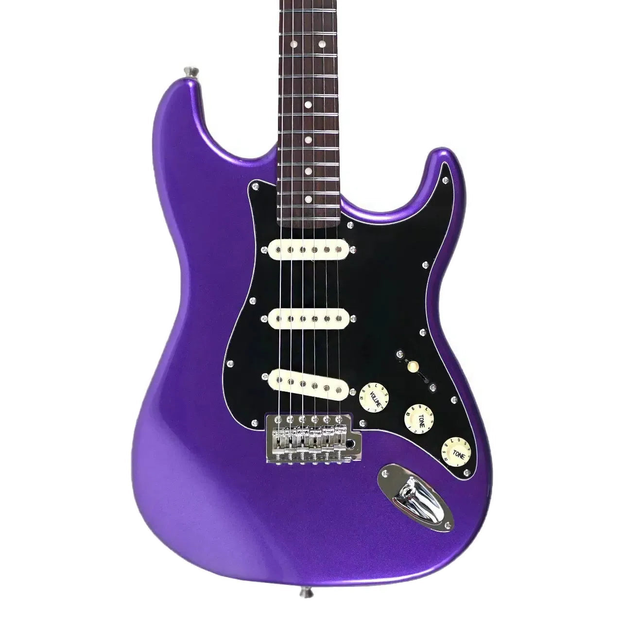 Jet JS-300 Plum Stratocaster electric guitar body with black pickguard and white pickups.