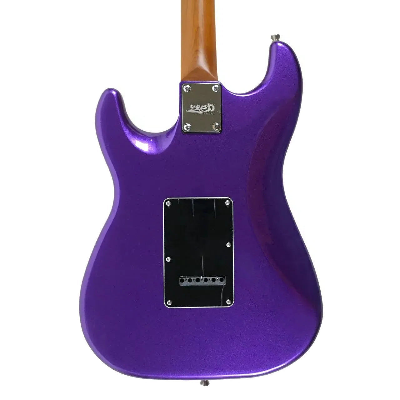 Back of a Jet JS-300 PLM R Plum Solid Body Stratocaster Electric Guitar with roasted maple neck.