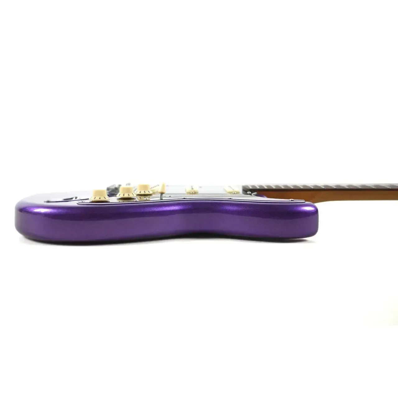 Jet JS-300 Plum Stratocaster electric guitar body with gloss finish, white pickguard, and cream knobs.