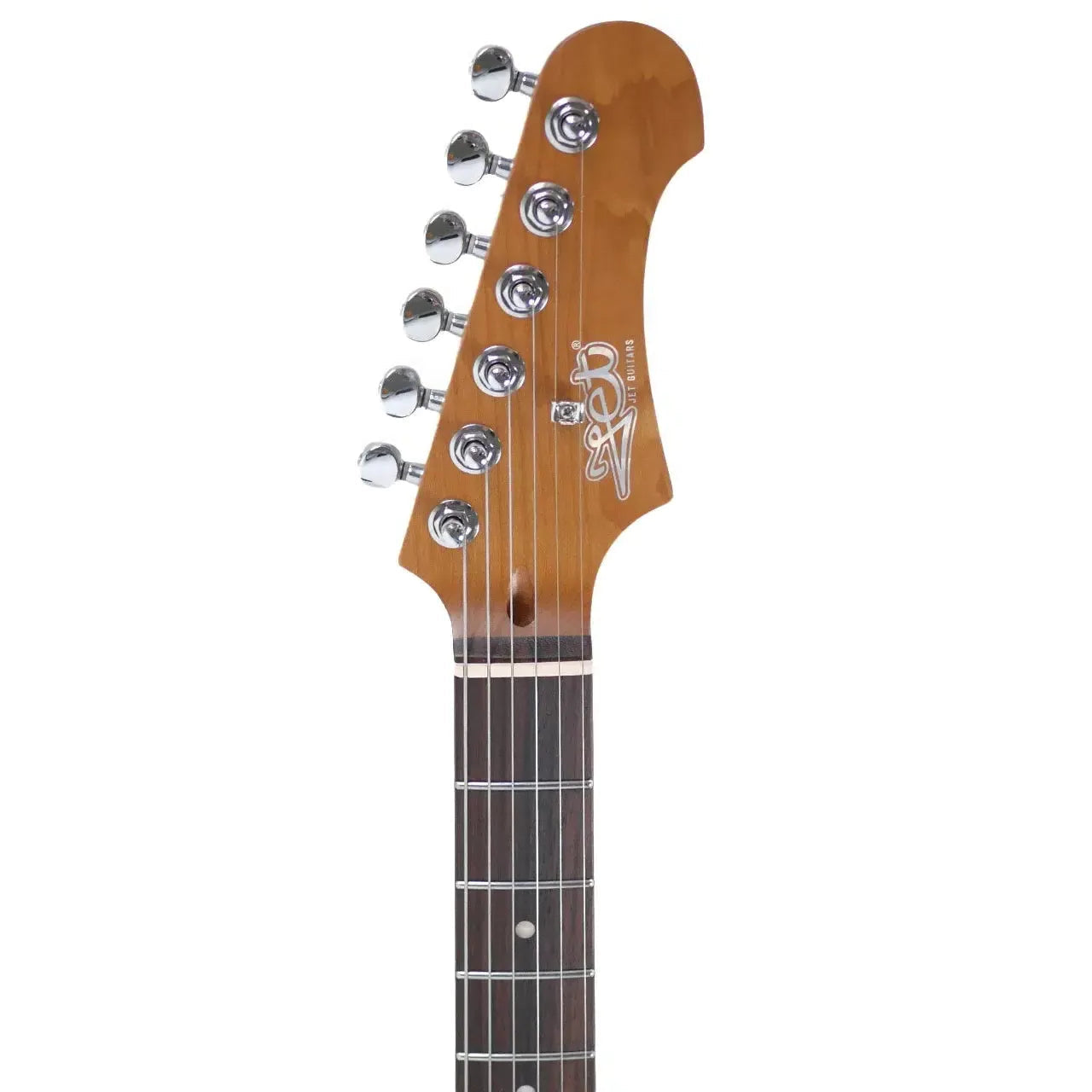 Jet JS-300 Stratocaster electric guitar headstock with chrome tuners and rosewood fretboard.