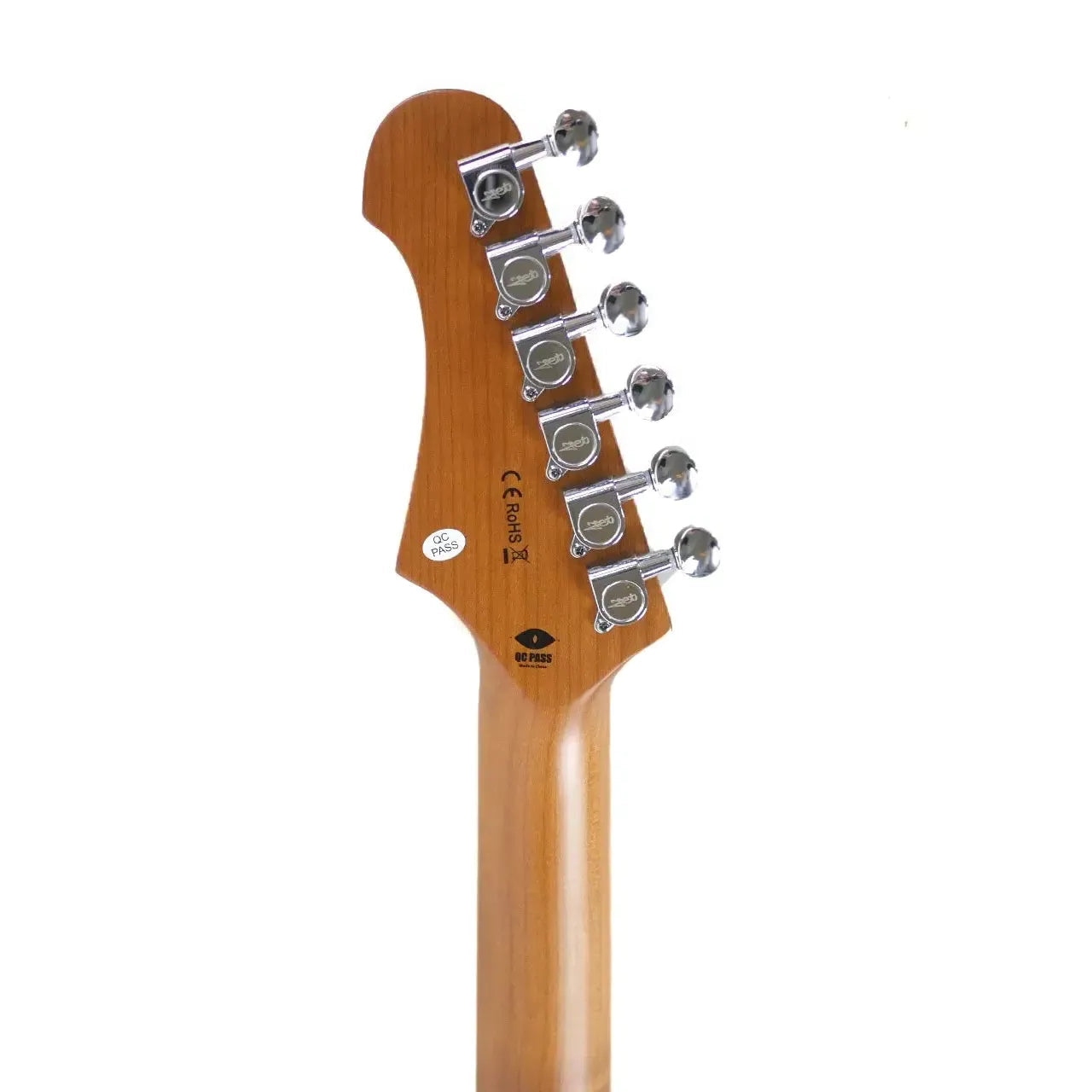 Back of a Jet JS-300 Stratocaster electric guitar headstock with chrome tuners and maple neck.