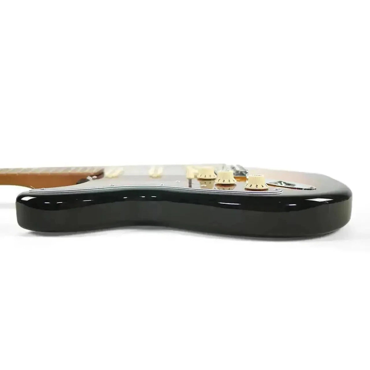 Side view of a Jet JS-300 SB LH left-handed Stratocaster electric guitar body with black edge and cream knobs.