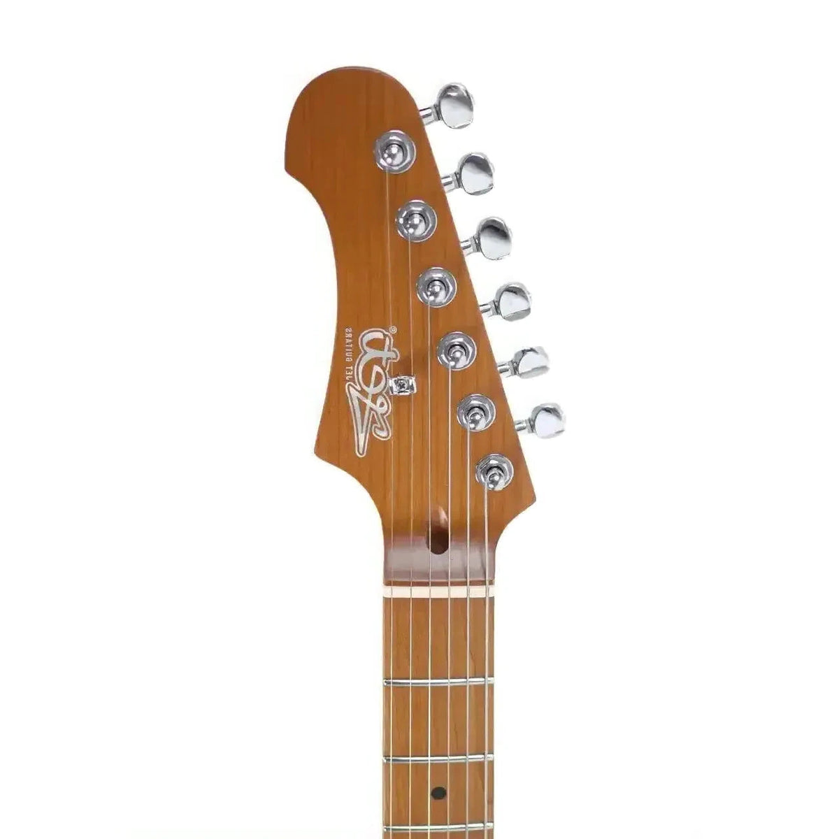 Left-handed Jet JS-300 SB LH Stratocaster electric guitar headstock with chrome tuners and roasted maple fretboard.