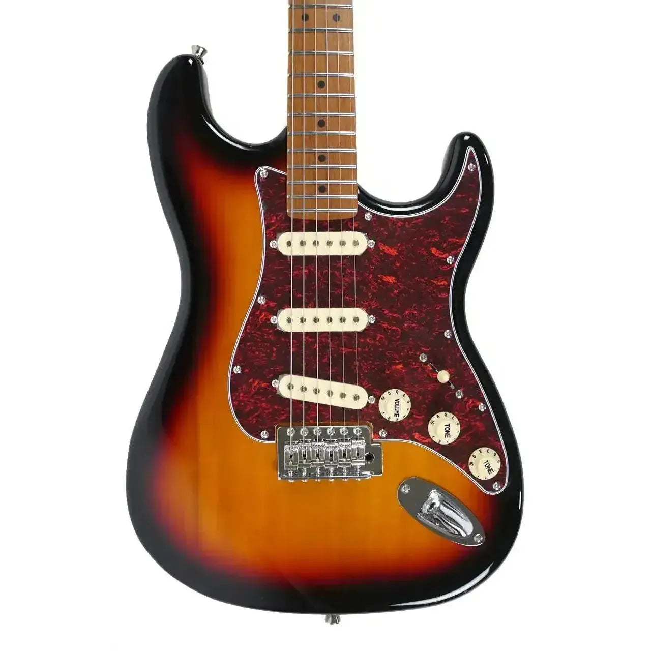 Jet JS-300-SB Sunburst Stratocaster electric guitar with roasted maple fretboard and red tortoise pickguard.