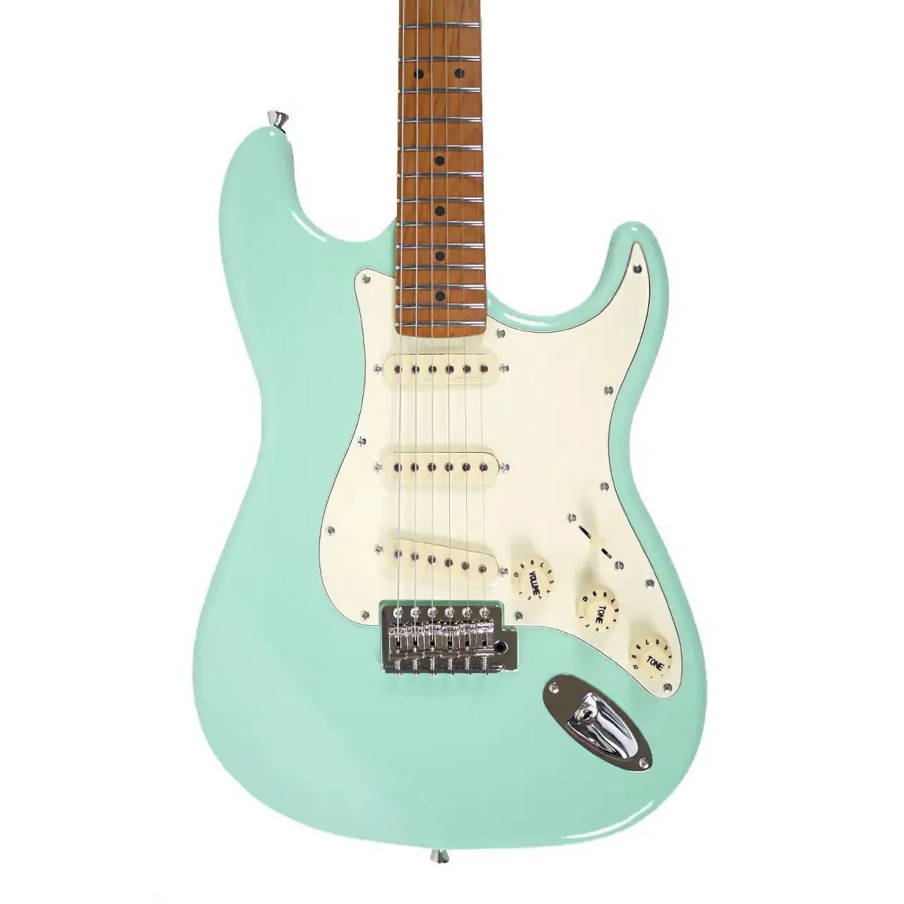 Jet JS-300 SFG Seafoam Green Stratocaster electric guitar with a roasted maple neck and white pickguard.