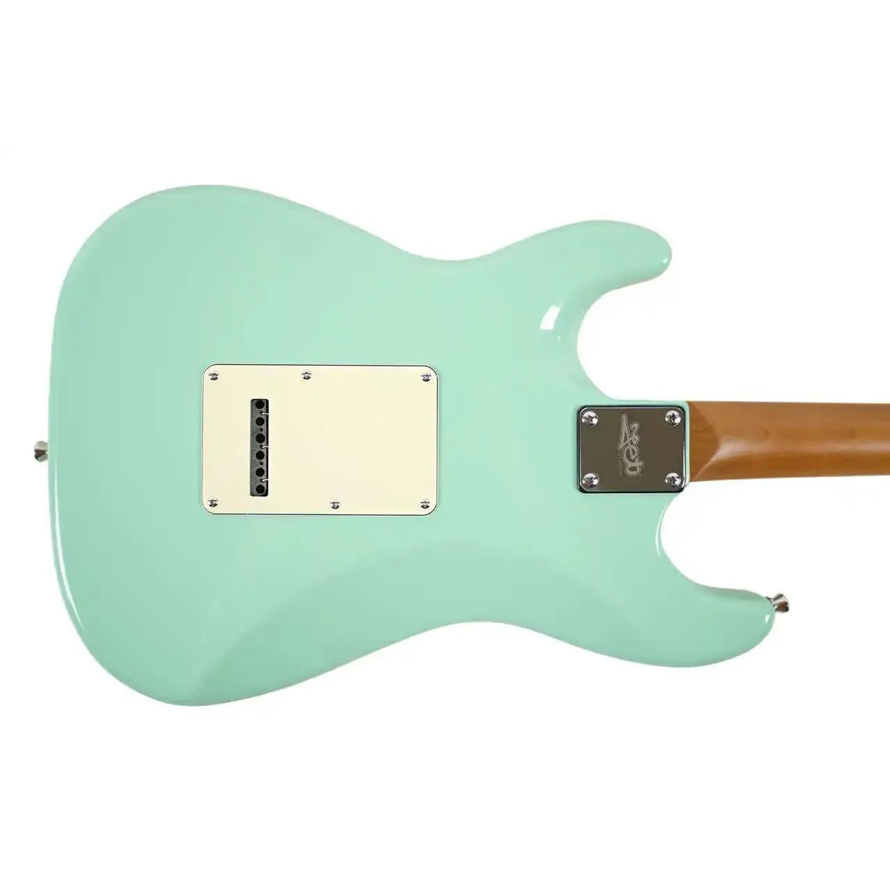 Back of a Jet JS-300 Stratocaster electric guitar in glossy Seafoam Green with a roasted maple neck.
