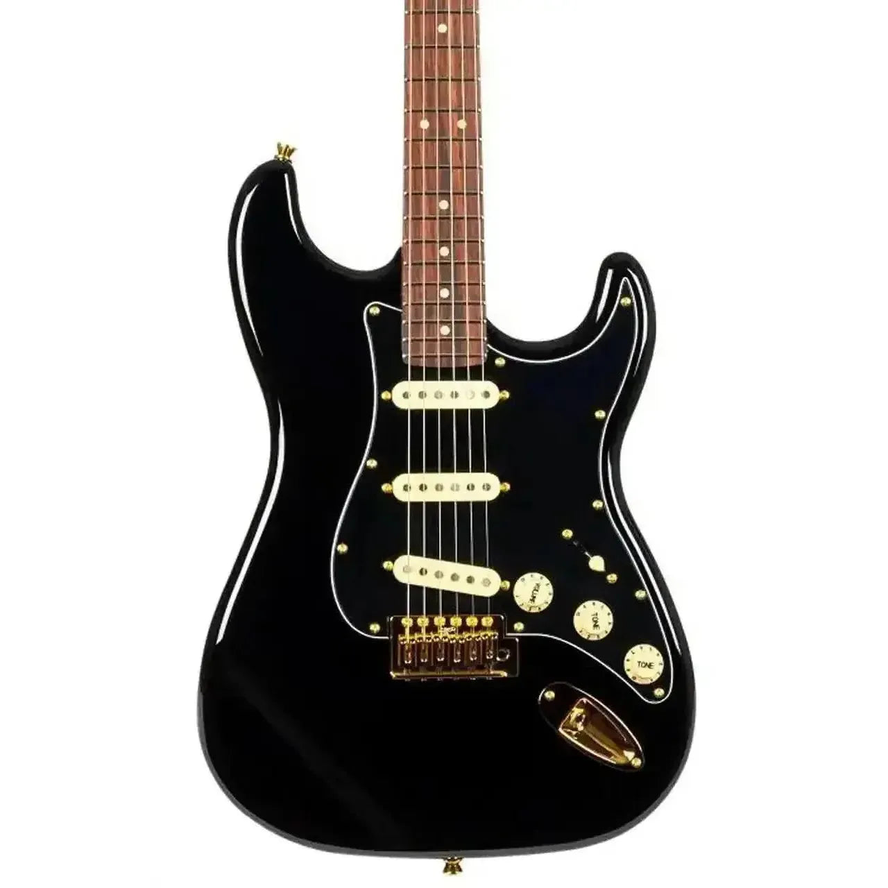 Jet JS-380 BK G black Stratocaster electric guitar with gold hardware and cream pickups.