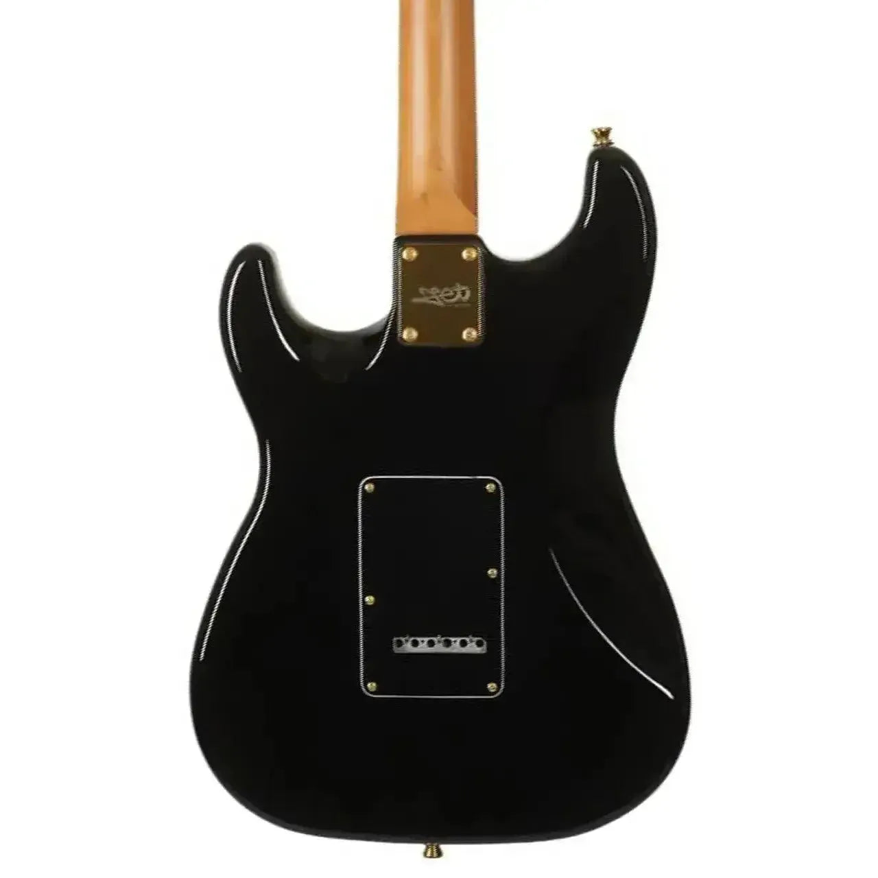 Jet JS-380 BK G black solid body Stratocaster electric guitar, back view, with roasted maple neck and gold hardware.
