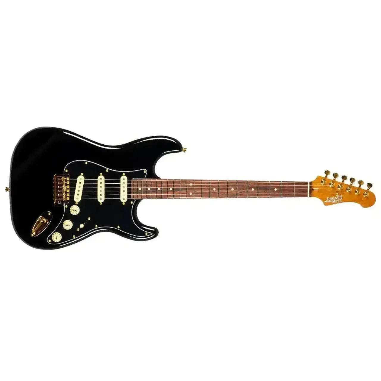 Jet JS-380 BK G black Stratocaster electric guitar with gold hardware and white pickups.