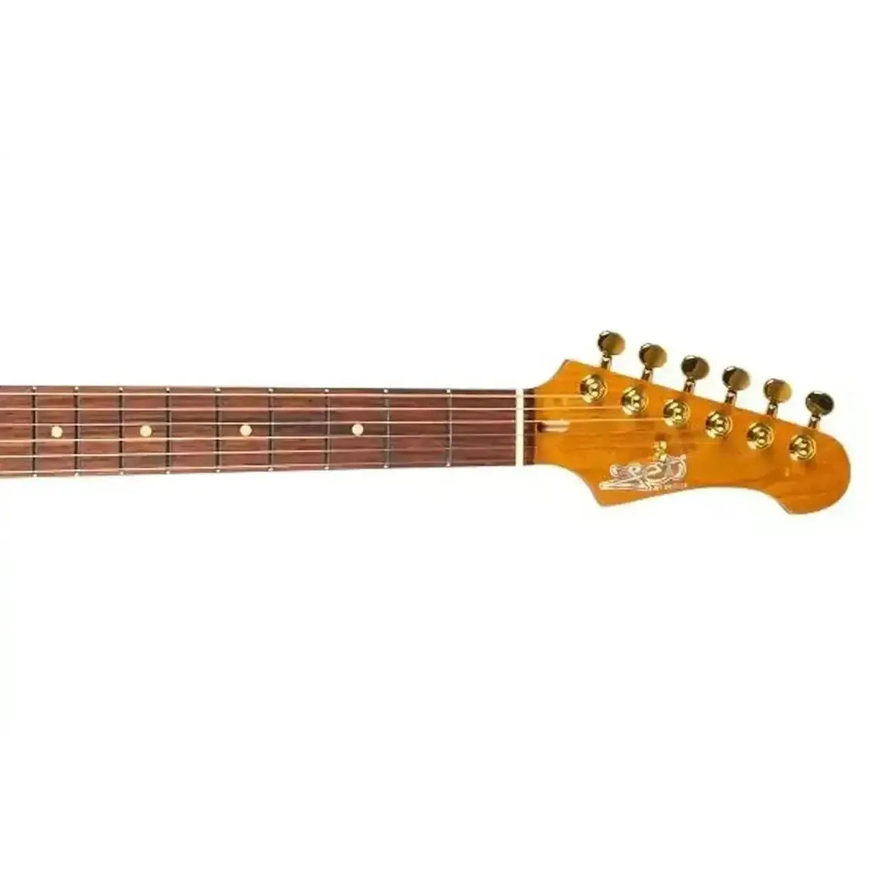 Jet JS-380 Stratocaster electric guitar headstock with gold tuners, roasted maple neck, and rosewood fretboard.