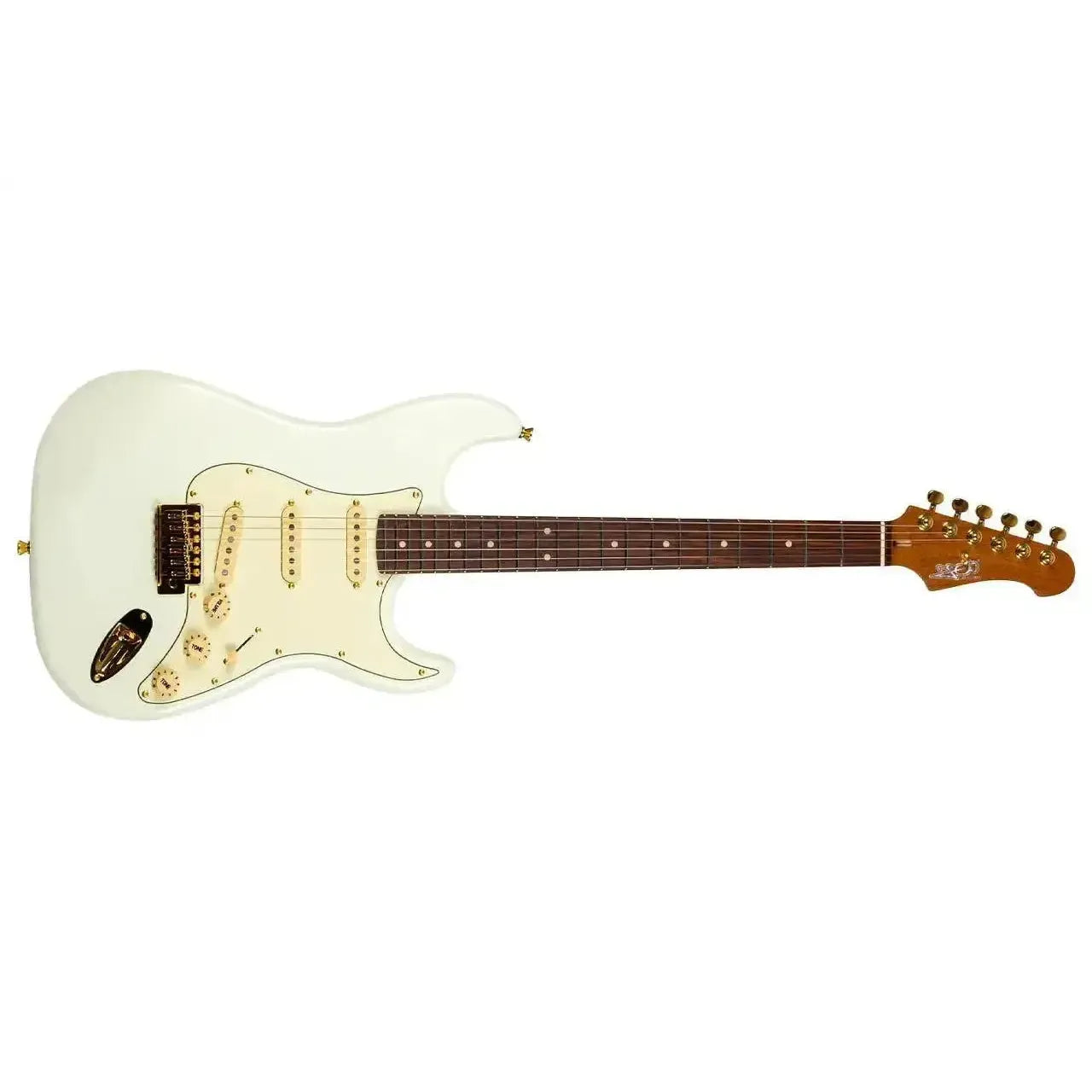 Jet JS-380 OW G White Stratocaster electric guitar with gold hardware and roasted maple neck.