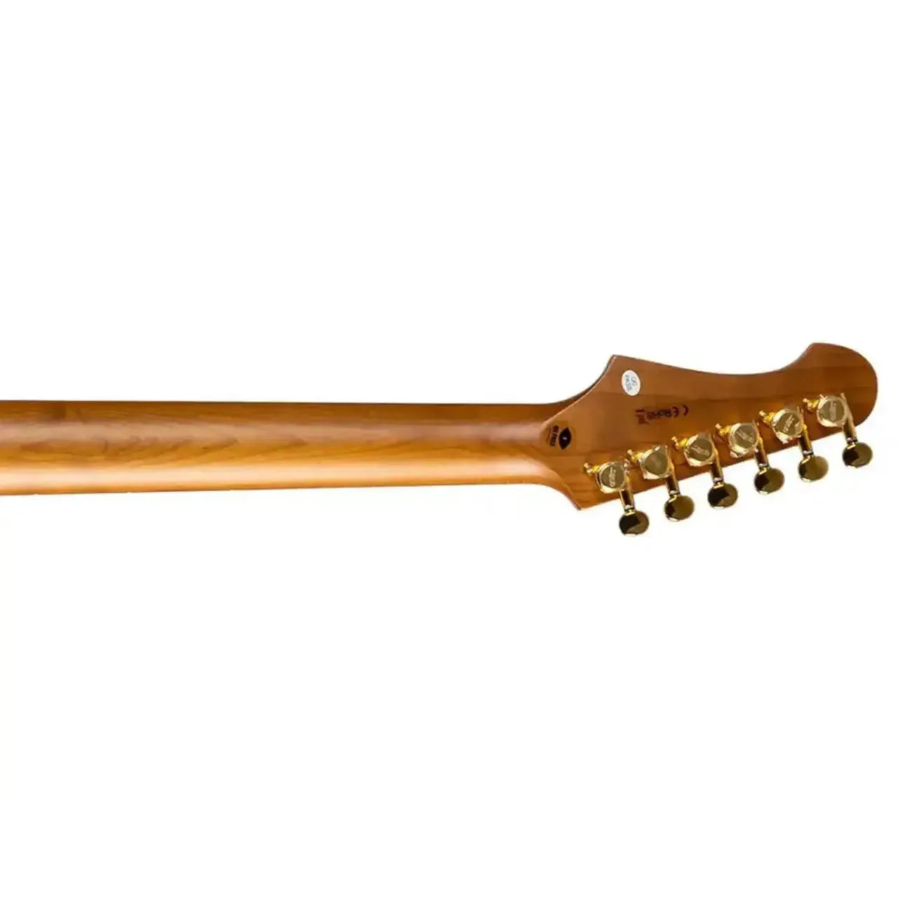 Jet JS-380 OW G Stratocaster electric guitar's roasted maple neck and headstock with gold locking tuners.
