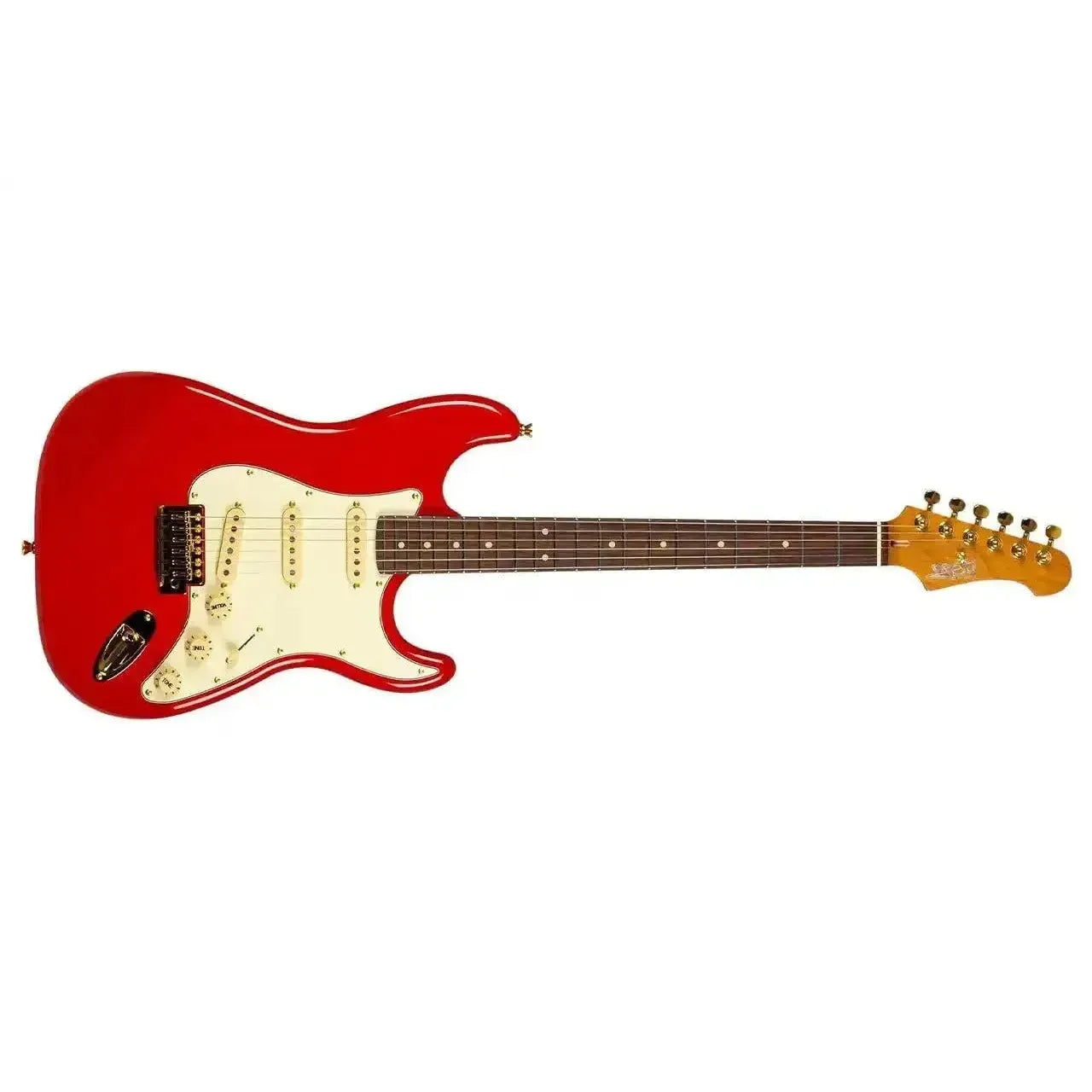Jet JS-380 RD G Red Stratocaster electric guitar with a gloss finish, white pickguard, and gold hardware.