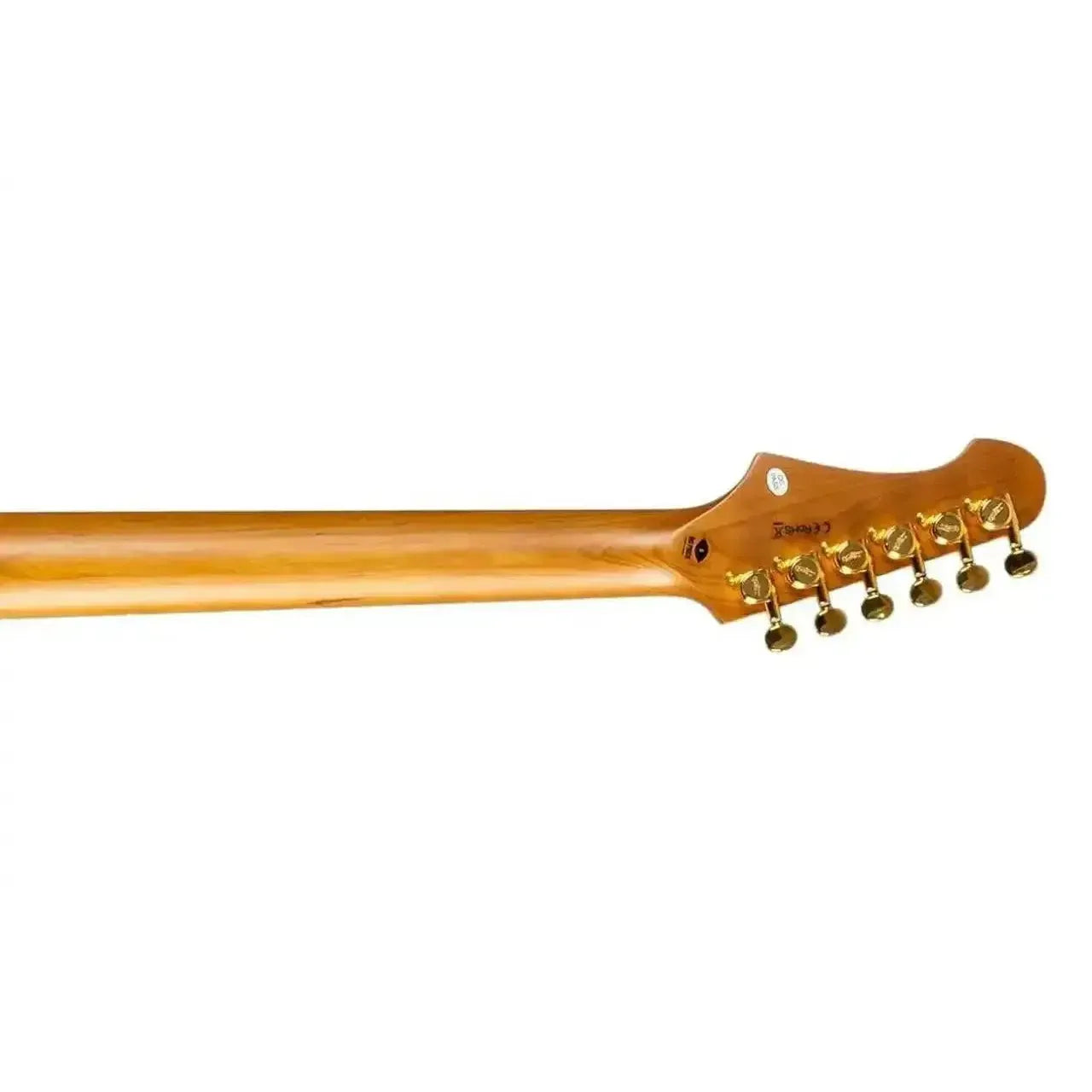 Jet JS-380 RD G electric guitar's roasted maple neck and headstock with gold locking tuners.