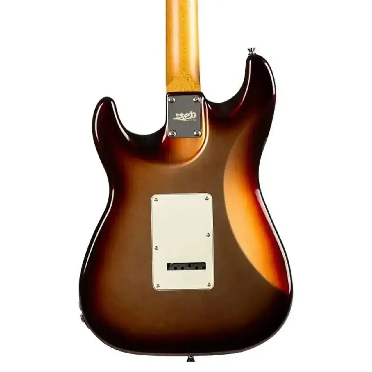 Back of a Jet JS-40 Stratocaster electric guitar with a metallic burst finish and light roast maple neck.