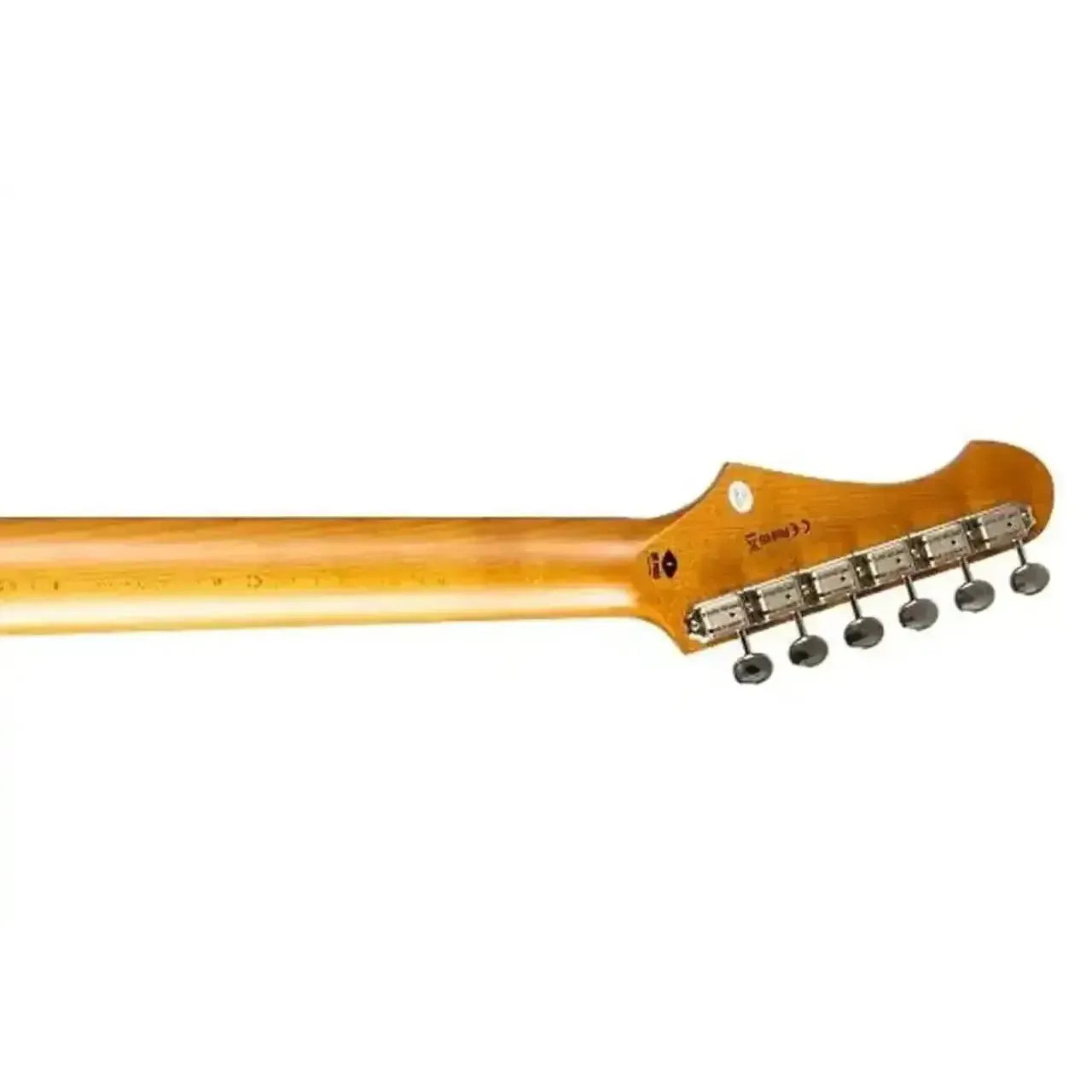 Jet JS-40 Stratocaster electric guitar's light roast maple neck and headstock with tuners.