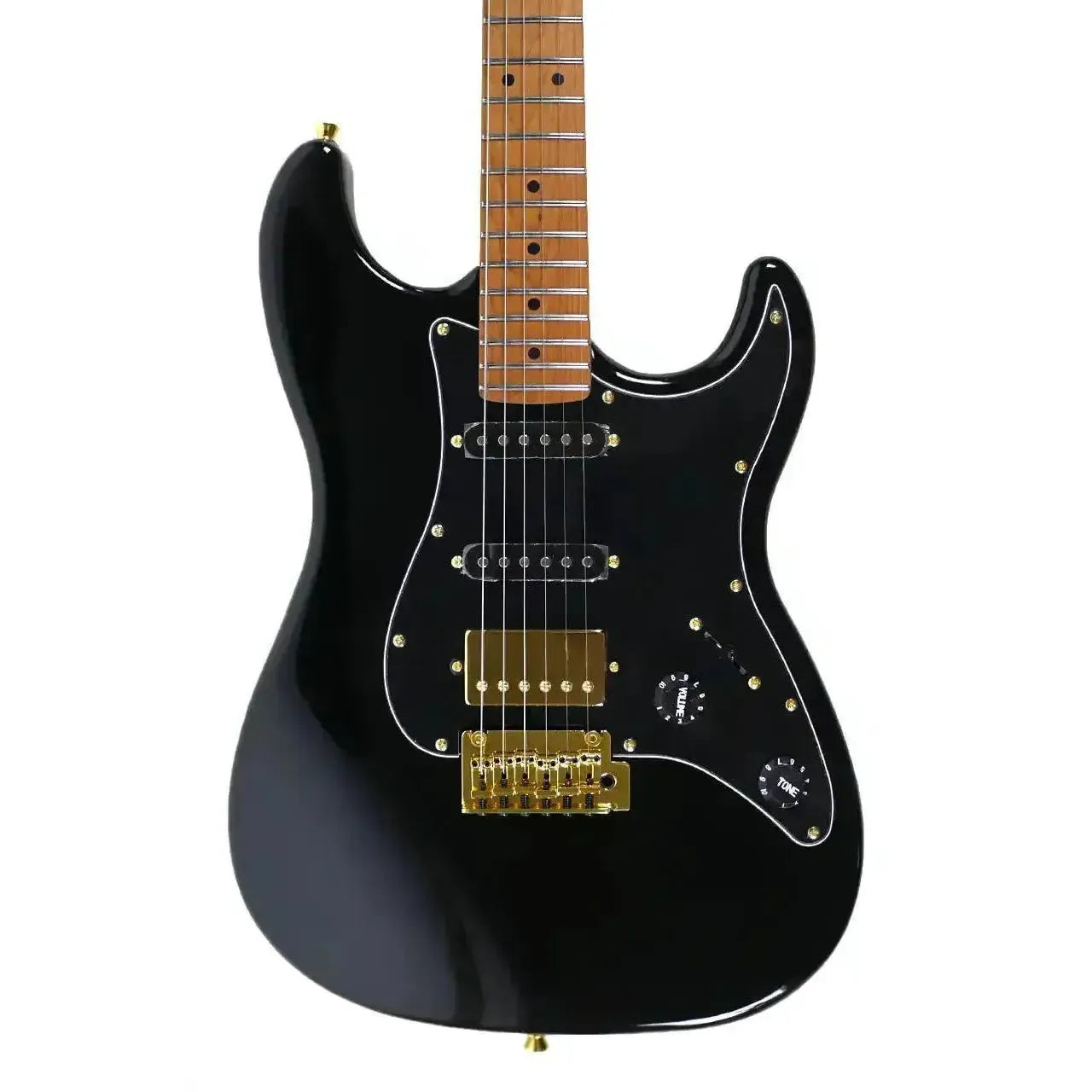Jet JS-400 BK G black solid body Stratocaster electric guitar with roasted maple neck and gold hardware.