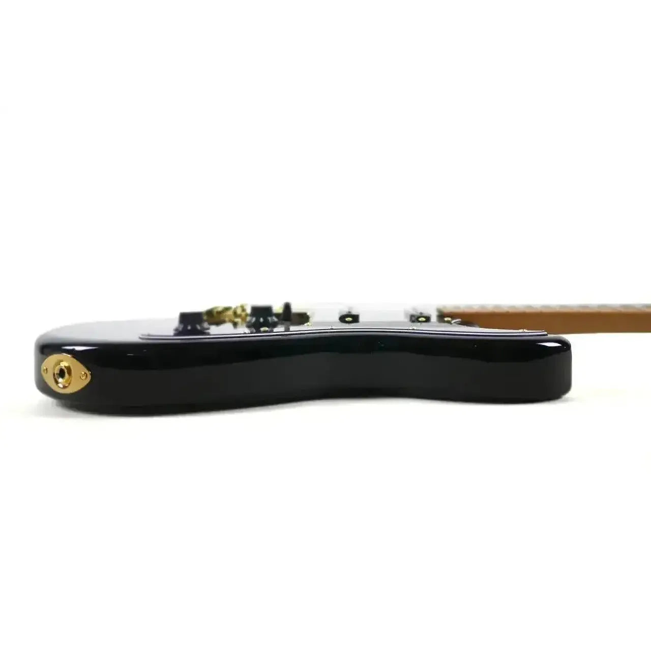 Jet JS-400 BK G black solid body electric guitar, showing the input jack and sleek body profile.