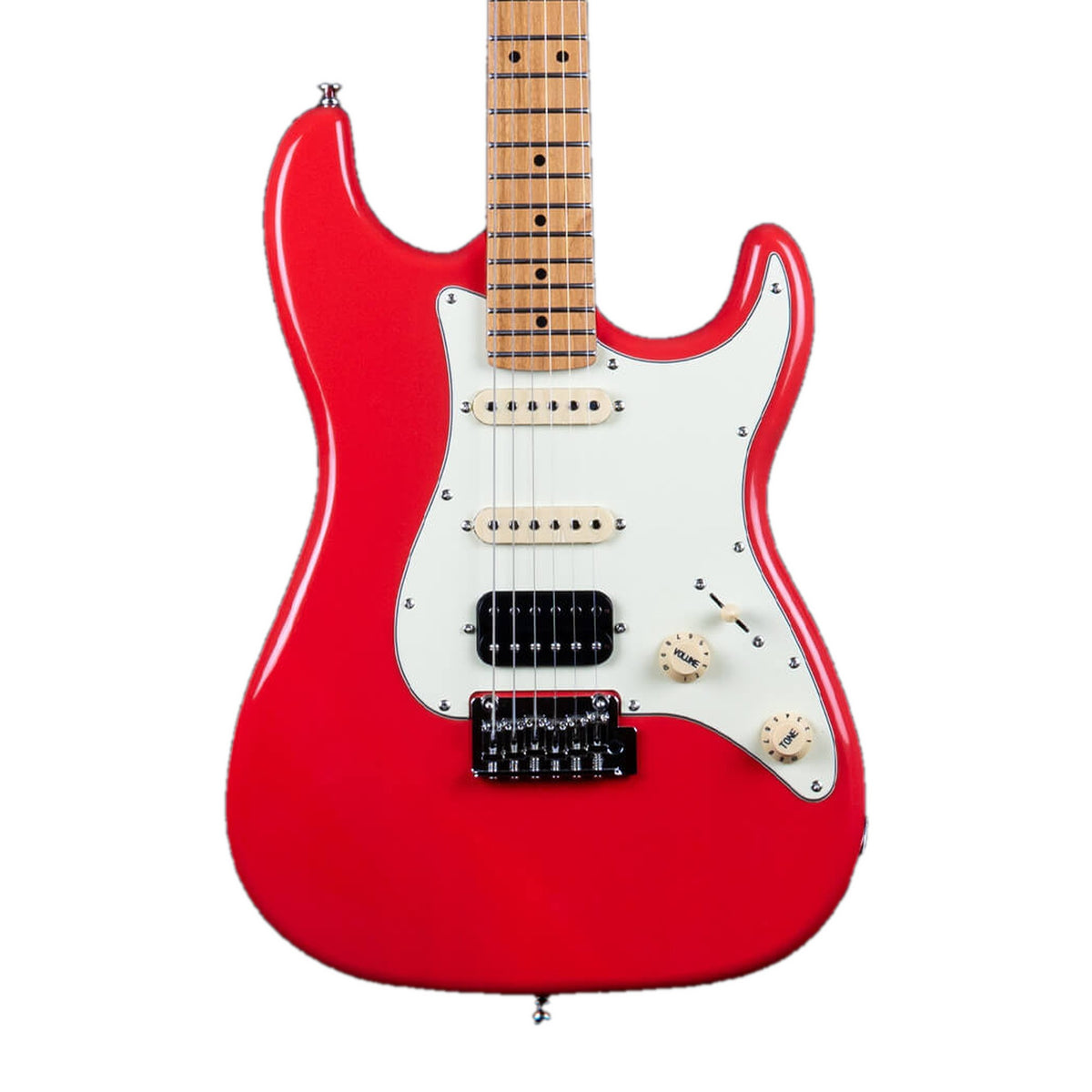Jet JS-400 CRD Coral Red Stratocaster electric guitar body with white pickguard, HSS pickups and roasted maple fretboard.