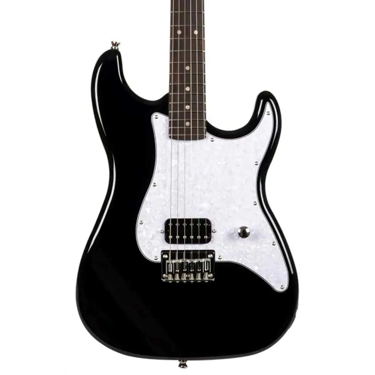 Jet JS-400 HT BK Black Stratocaster electric guitar with white pearloid pickguard.