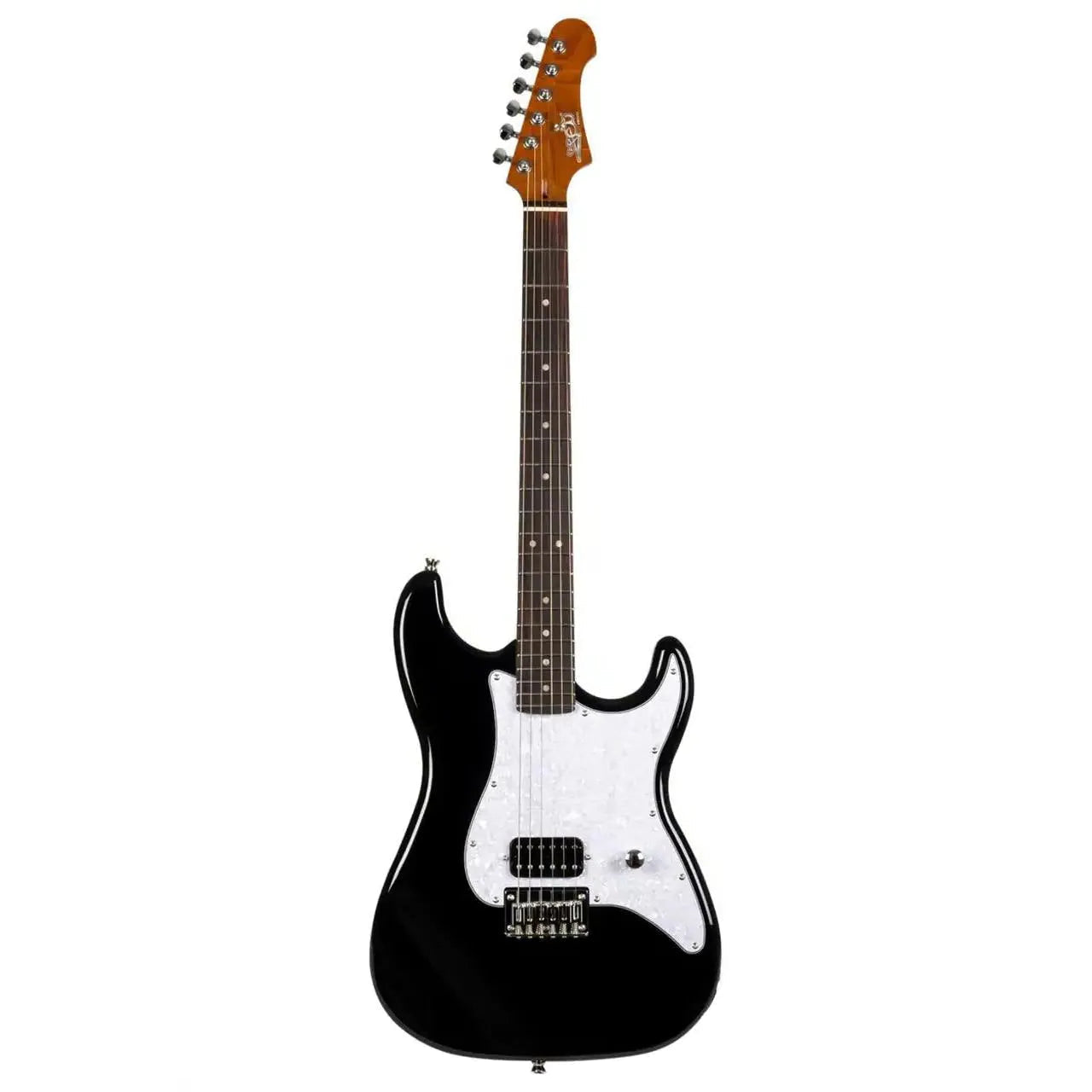 Jet JS-400 HT BK Black Stratocaster electric guitar with white pearloid pickguard and roasted maple neck.