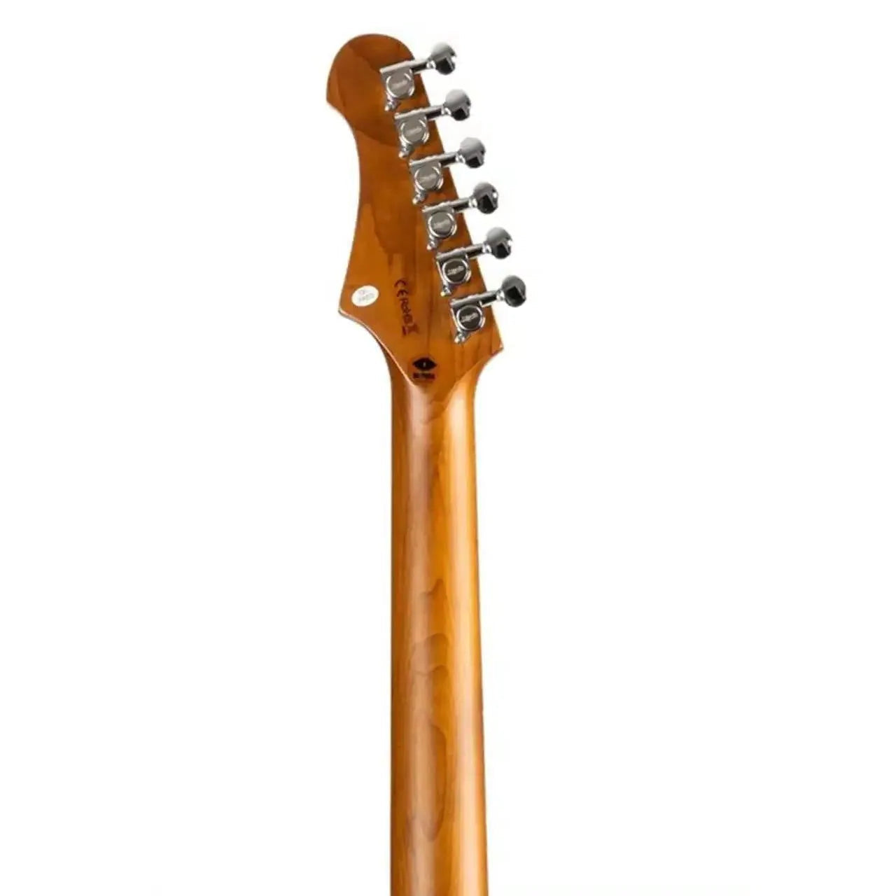 Back of Jet JS-400 HT BK Stratocaster electric guitar neck and headstock with chrome tuners.
