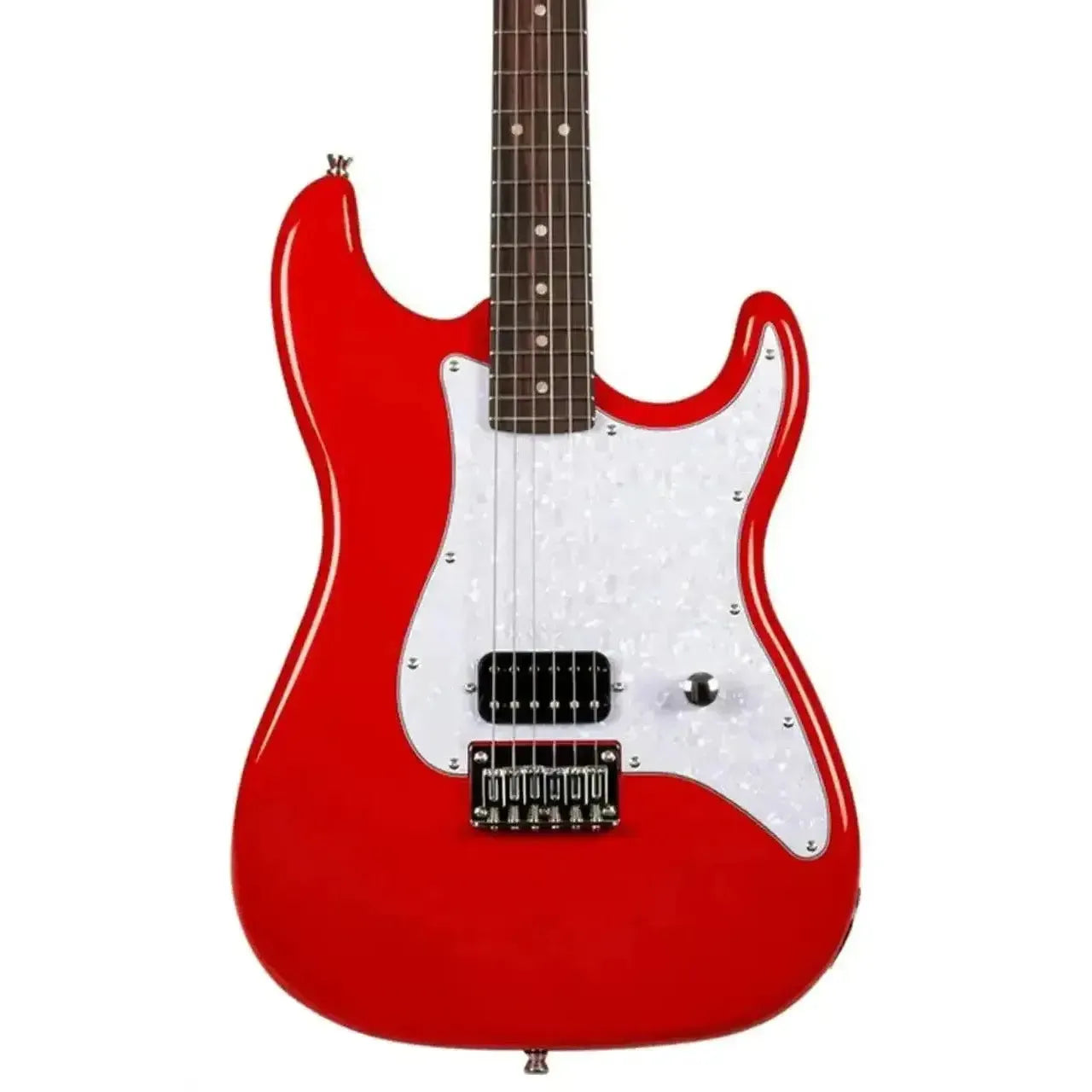 Jet JS-400 HT RD red solid body Stratocaster electric guitar with white pearloid pickguard and humbucker.
