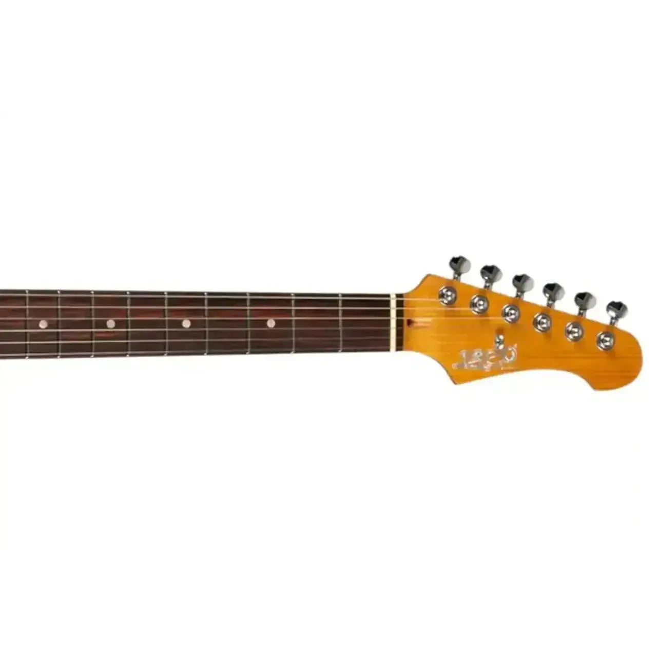 Jet JS-400 HT RD Stratocaster electric guitar headstock with chrome tuners and rosewood fretboard.