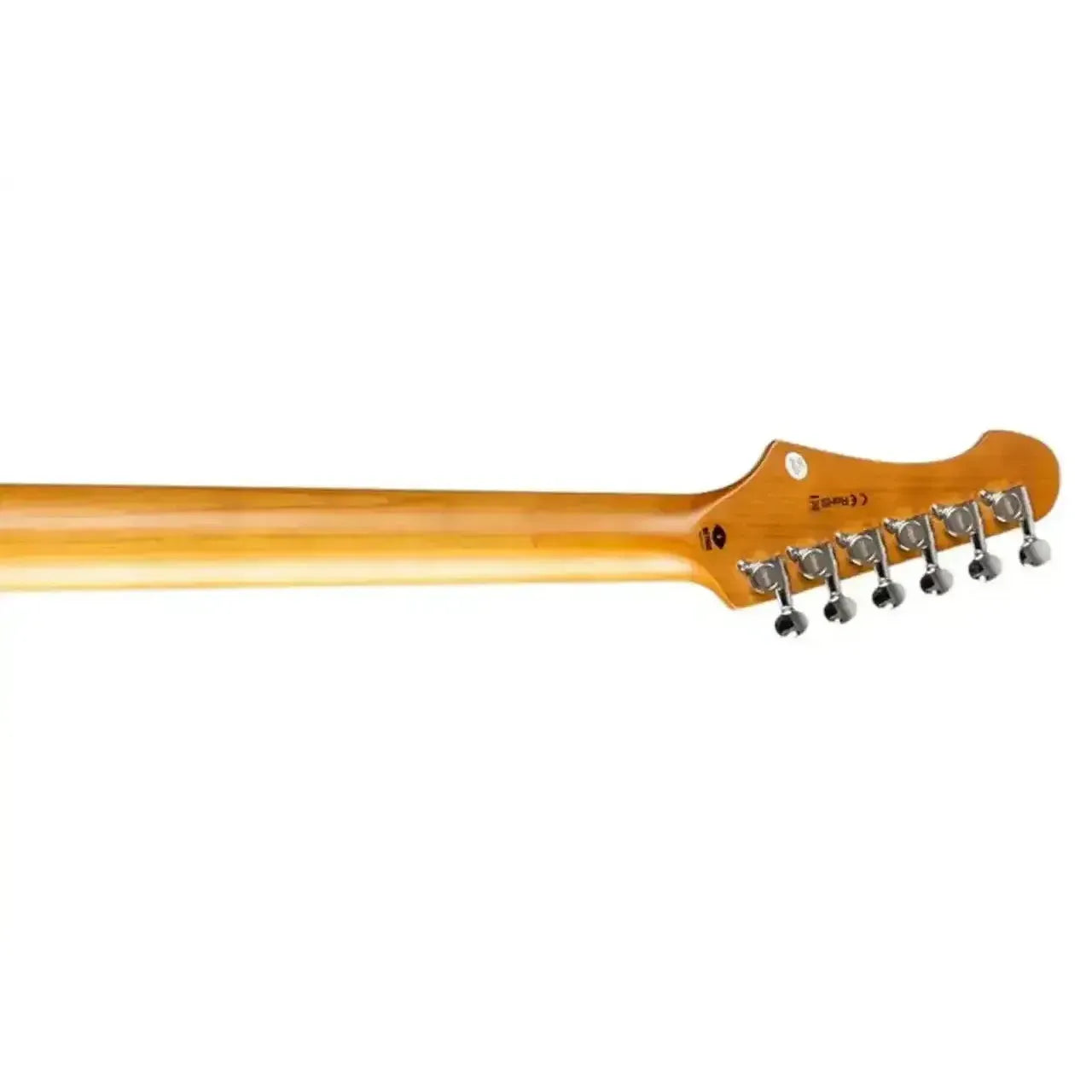 Jet JS-400 HT RD Red Stratocaster electric guitar's roasted maple neck and headstock with chrome tuners.
