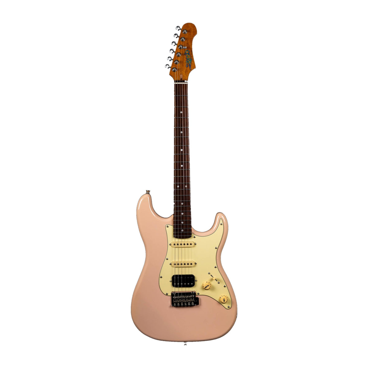 Full front view of a Jet JS-400 PK R shell pink electric guitar with a rosewood fretboard and chrome tuners.
