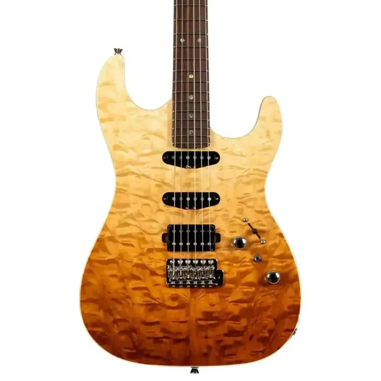 Jet JS-45 FIREBURST Stratocaster electric guitar with quilted maple top and flame finish.