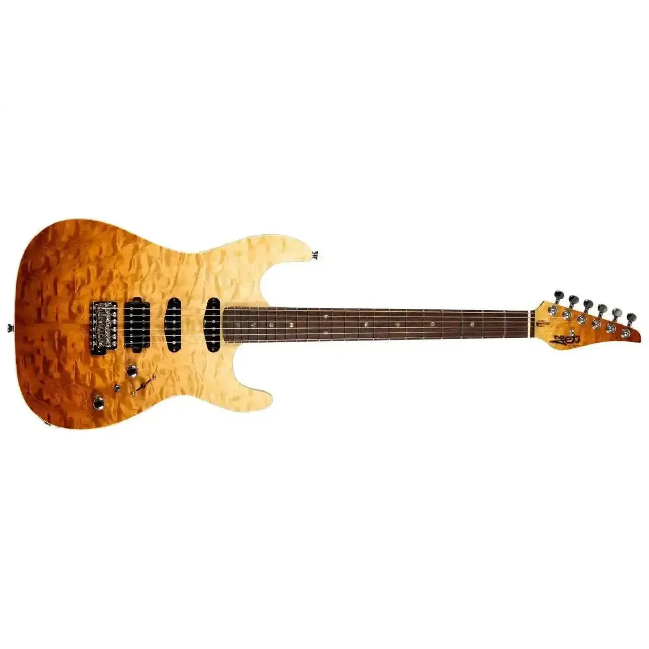 Jet JS-45 FIREBURST Stratocaster electric guitar with a quilted maple top and flame finish.