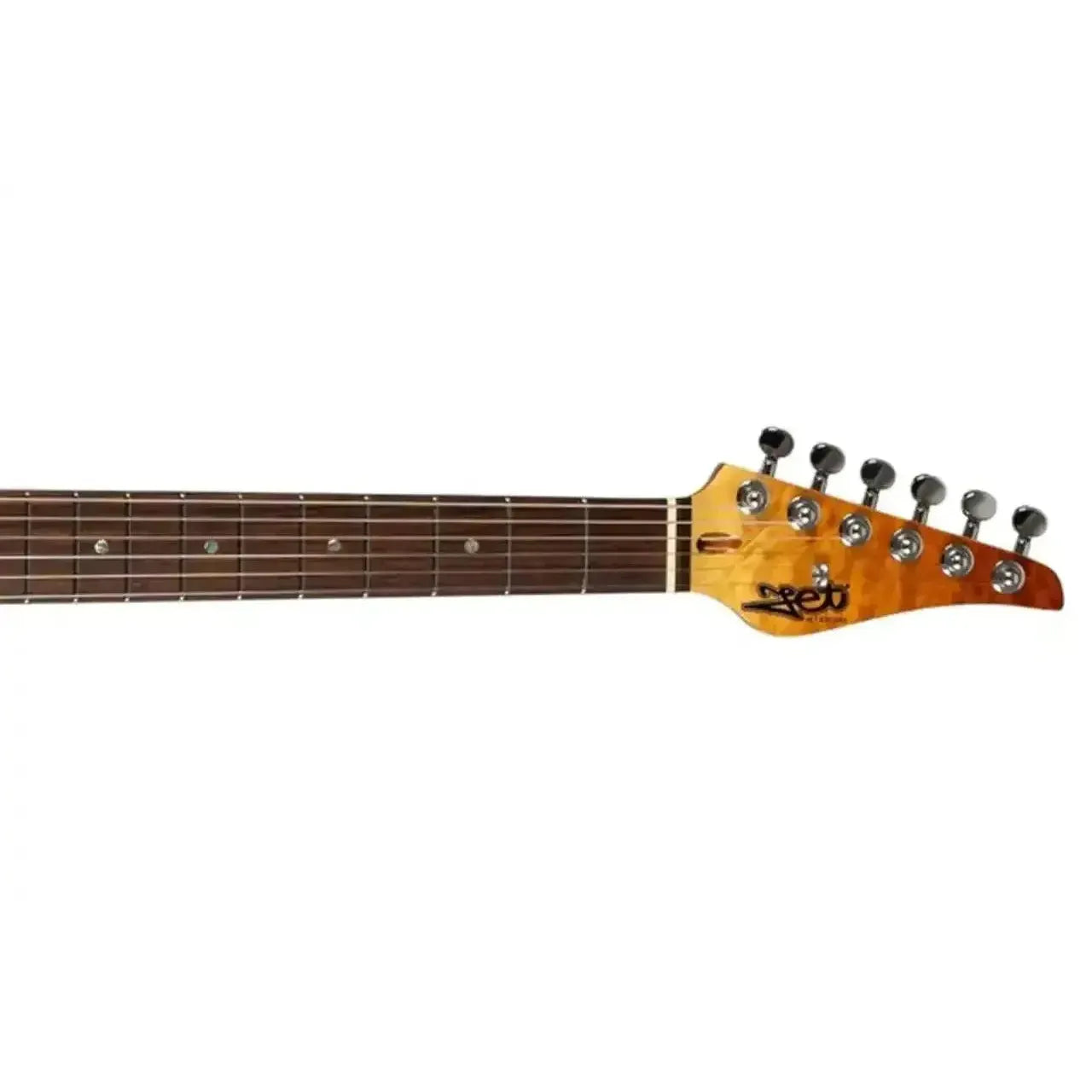 Jet JS-45 FIREBURST Stratocaster electric guitar headstock with flame finish and dark tuners.