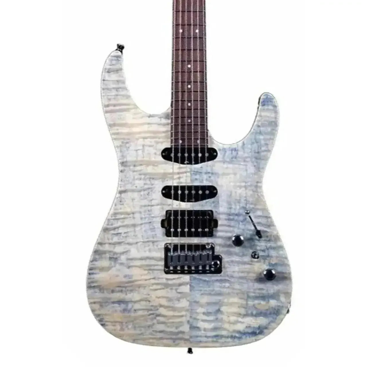 Jet JS-45 Indigo Grey Stratocaster electric guitar with flamed maple top, rosewood fretboard, and black hardware.