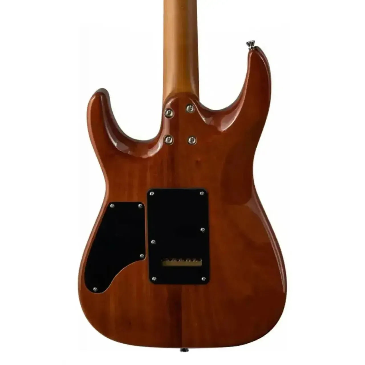 Back of a Jet JS-45 Stratocaster electric guitar, showing the mahogany body and maple neck.