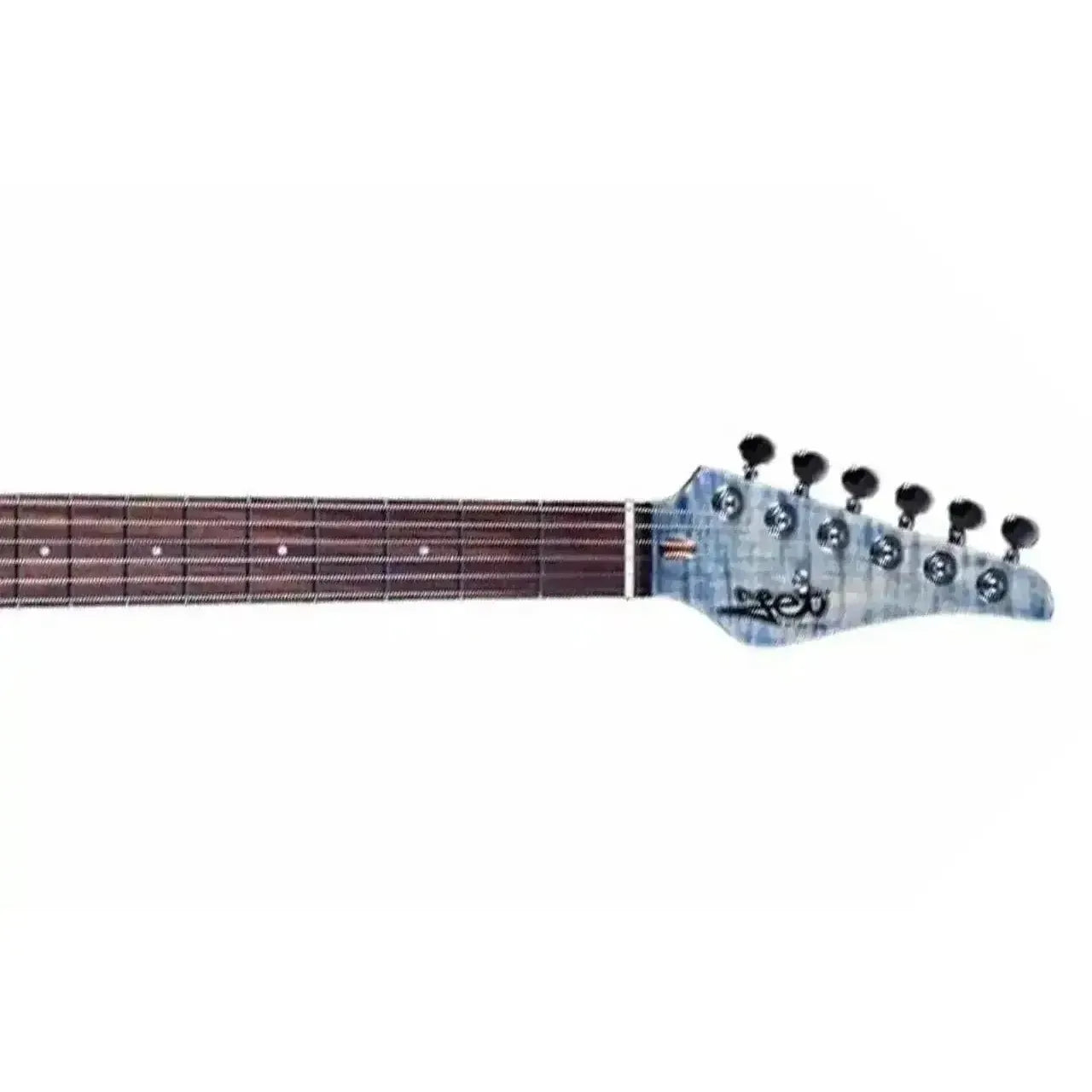 Jet JS-45 Indigo Grey Stratocaster electric guitar headstock with flamed maple and black tuners.