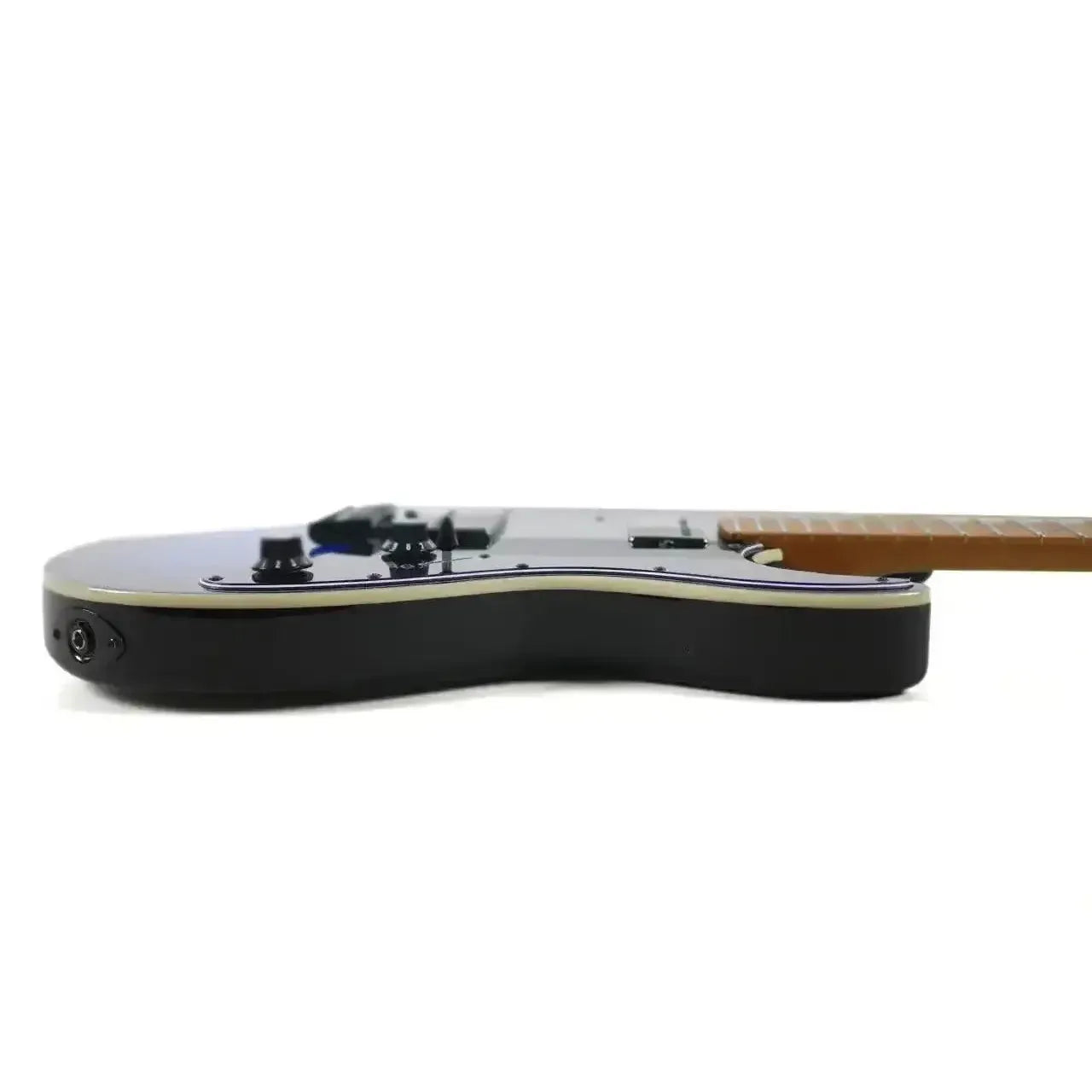 Side view of a Jet JS-450 BLB Blue Burst Stratocaster electric guitar body with input jack and controls.