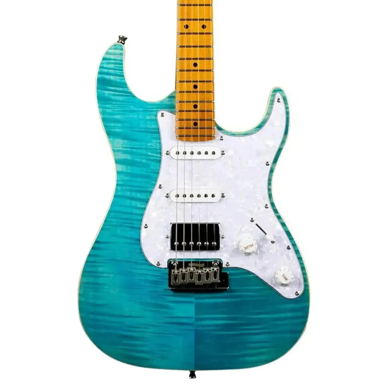 Jet JS-450 OBL Ocean Blue Stratocaster electric guitar with flamed maple top, white pickguard, and roasted maple neck.
