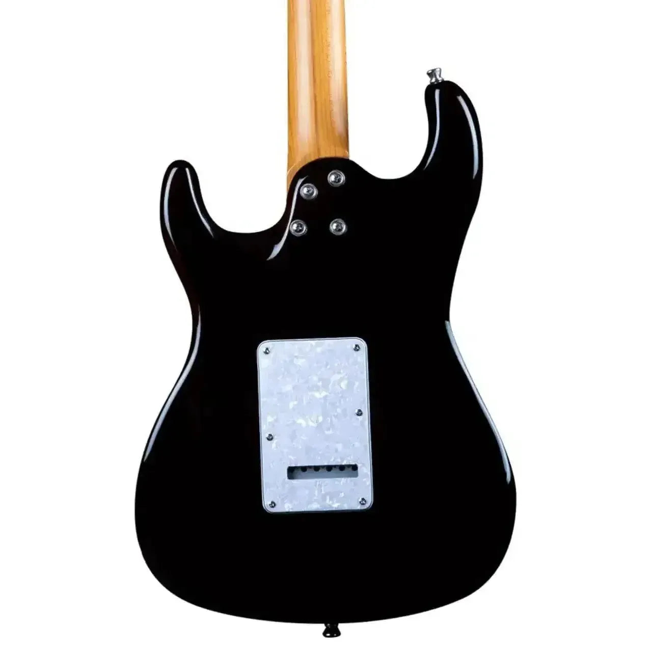 Back of a Jet JS-450 Stratocaster electric guitar in gloss black with a white pearloid tremolo cover.