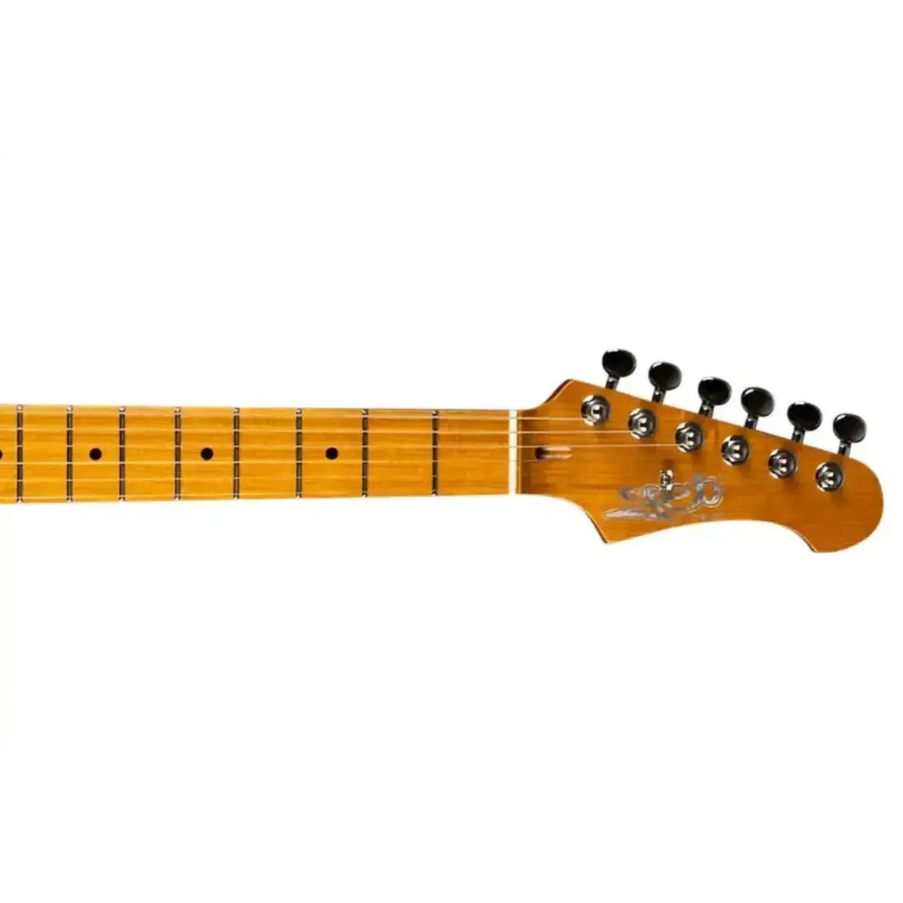 Jet JS-450 Ocean Blue Stratocaster electric guitar's roasted maple neck and headstock with black tuners.