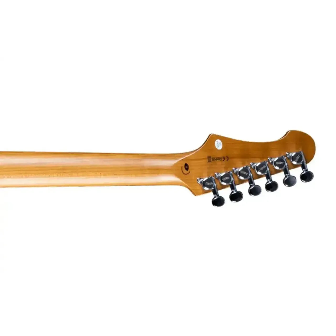 Back of a Jet JS-450 Stratocaster electric guitar's roasted maple neck and headstock with tuners.