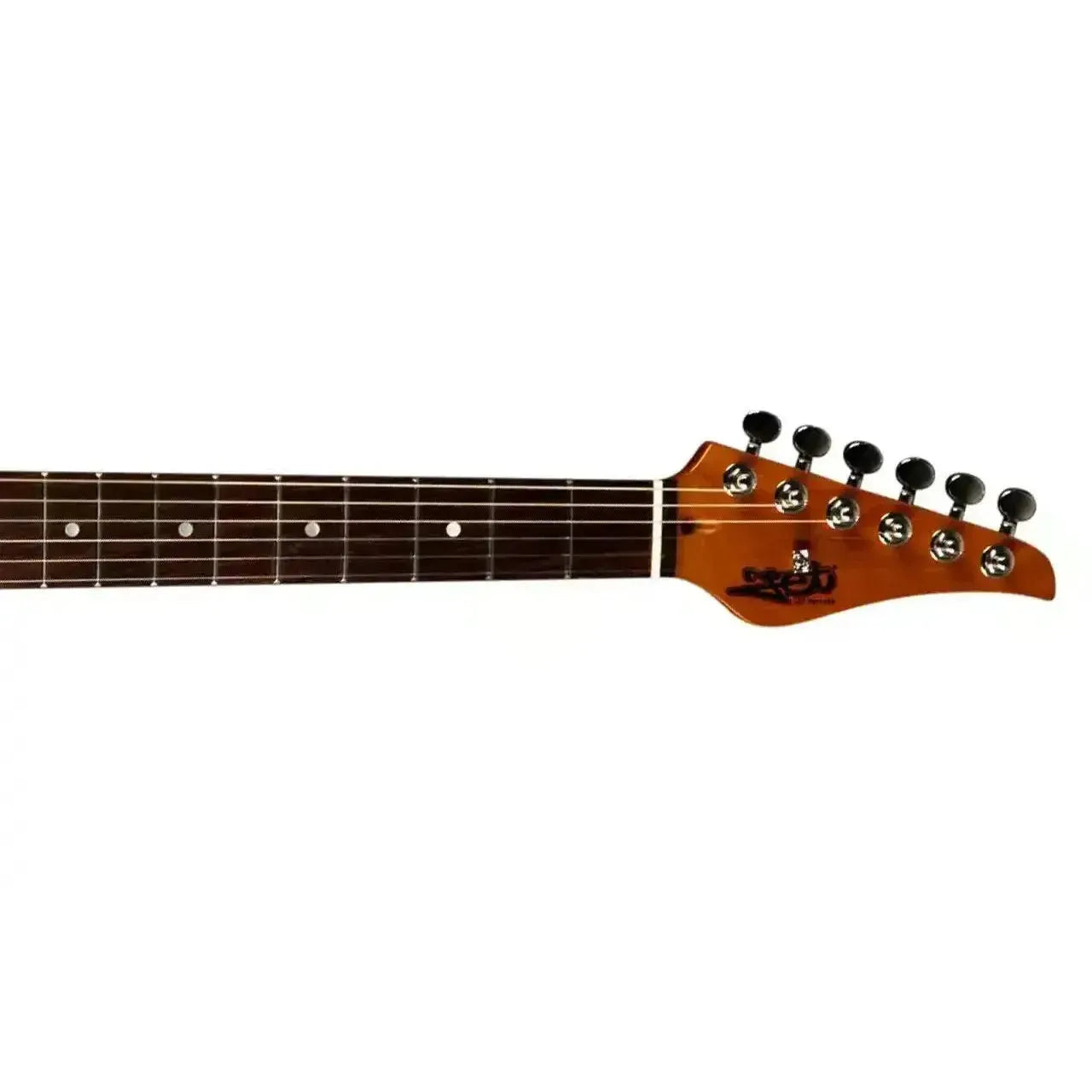 Jet JS-450 QTBR Transparent Brown Stratocaster electric guitar headstock with black tuners and rosewood fretboard.