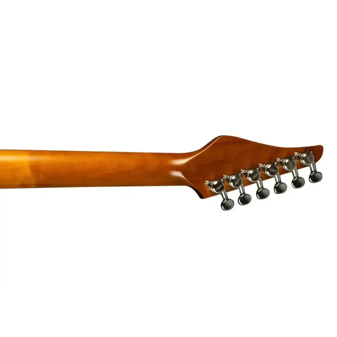 Jet JS-450 QTBR Stratocaster electric guitar's transparent brown roasted maple neck and headstock with tuners.
