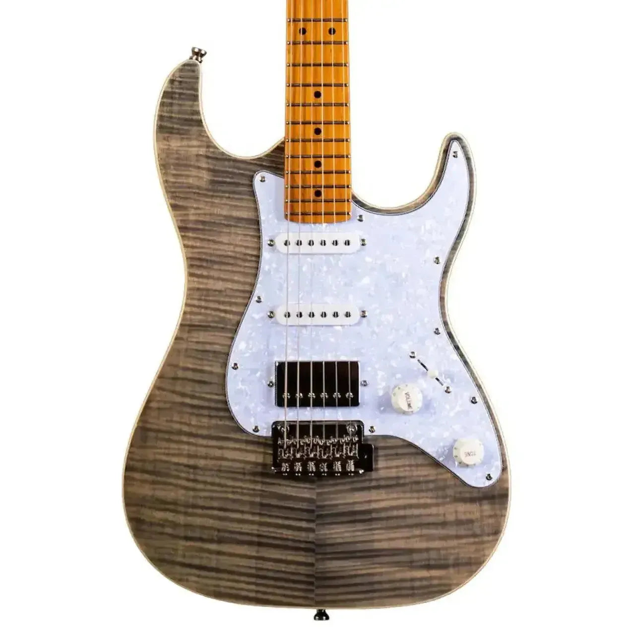 Jet JS-450 TBK Stratocaster electric guitar with transparent black flamed maple body and roasted maple neck.