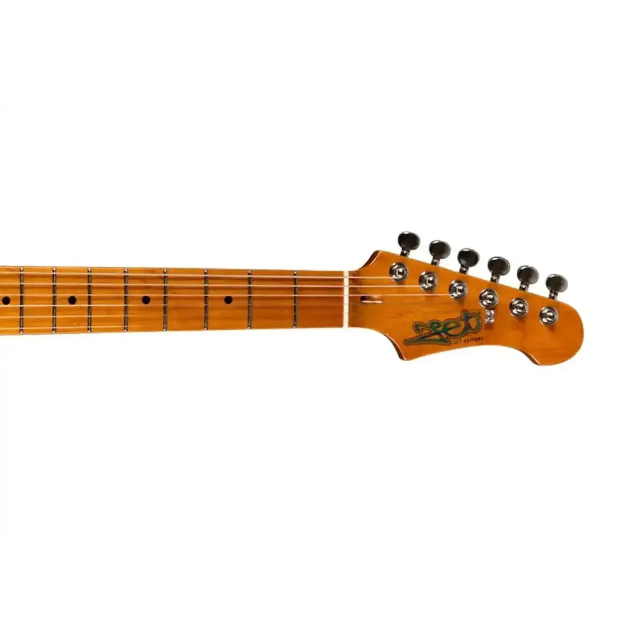 Jet JS-450 TBK Stratocaster electric guitar headstock with roasted maple neck and black tuners.
