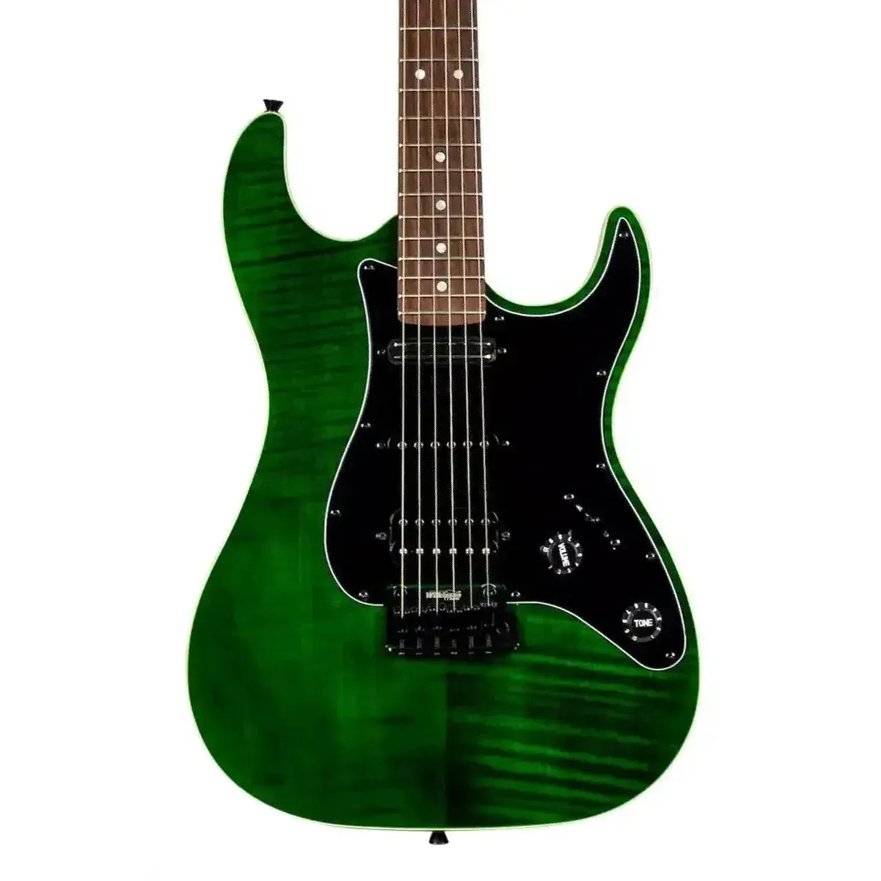 Jet JS-450 TGR R transparent green Stratocaster electric guitar with flamed maple top and black pickguard.