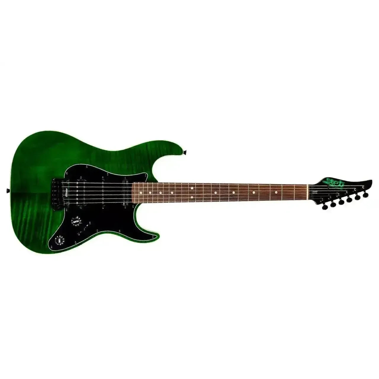 Jet JS-450 TGR R transparent green Stratocaster electric guitar with flamed maple top.