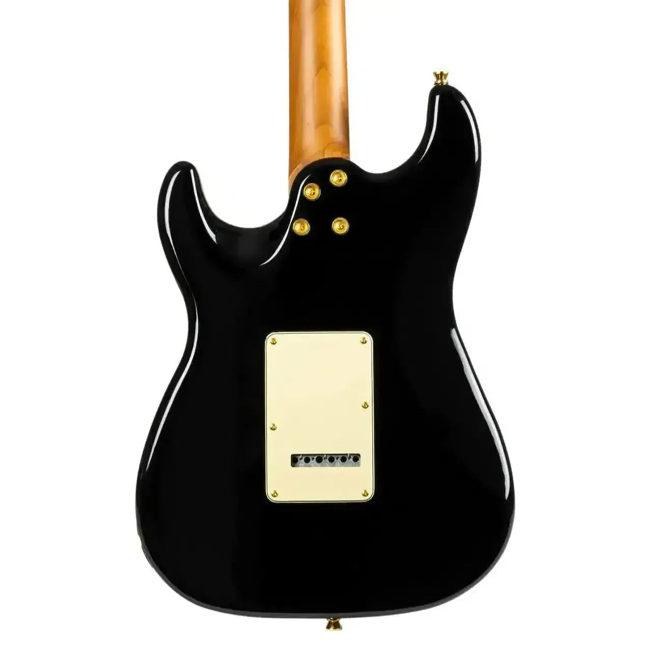 Back of a Jet JS-480 BK G black solid body Stratocaster electric guitar with gold hardware.