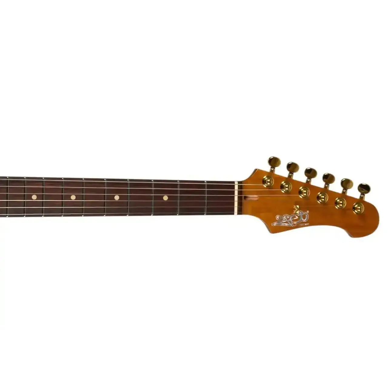 Jet JS-480 BK G Stratocaster electric guitar headstock with gold locking tuners and rosewood fretboard.